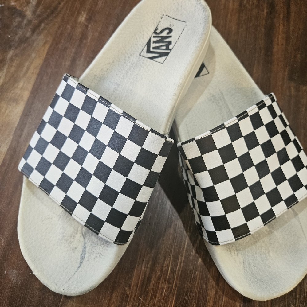 Vans black check slides, ladies size 10